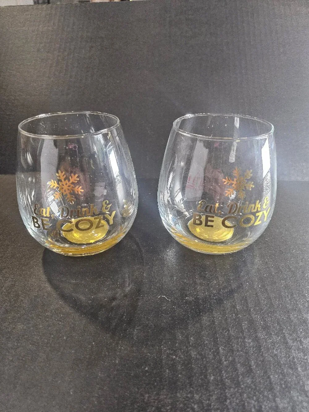TMD Holdings Eat Drink & Be Cozy Holiday Stemless Wine Glasses Set of Two 16 Oz.